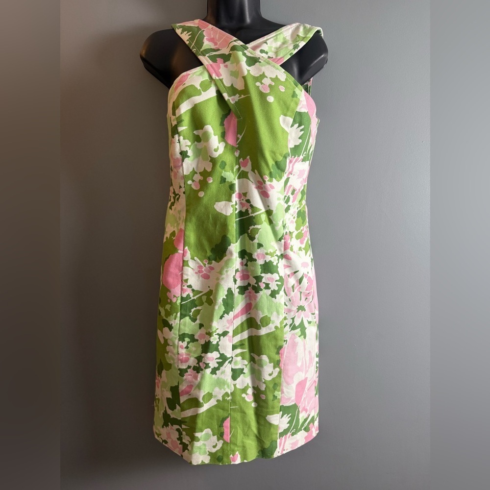 Talbots Women's Sz 4p Cross Front Floral Green/Pink Midi Dress PTP 17"‎ 🌸🌺